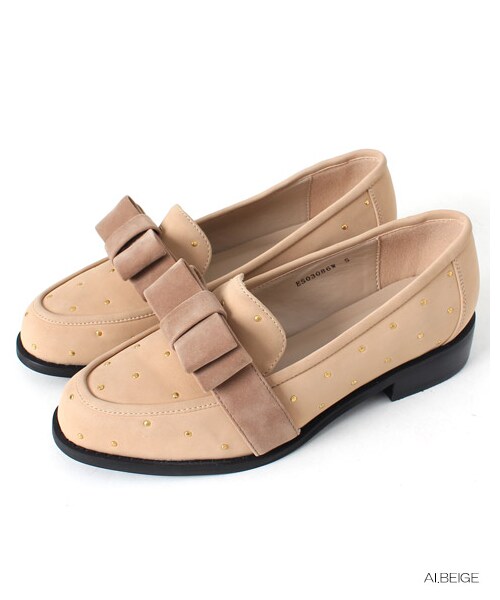 RANDA（ランダ）の「【再値下げ★28%OFF】スタッズリボンローファー/ES3086（ヒール0-3cm・レディース・ネイビー/ピンク/ベージュ/ブラック・L/M/S/LL）」の2枚目の写真