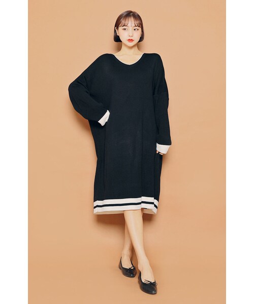 HOTPING(ホッピン)の「バイカラーラインニットワンピース(ワンピース・レディース・ワイン/ネイビー/ベージュ/ブラウン/ブラック・1(フリーサイズ)/2(L-XXL))」の2枚目の写真
