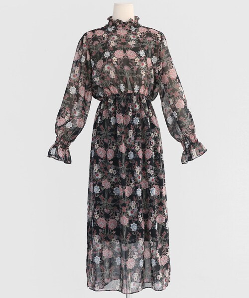 DHOLIC（ディーホリック）の「フリルネック花柄シフォンワンピース（ワンピース・レディース・グリーン/ブラック/ホワイト・FREE）」の3枚目の写真