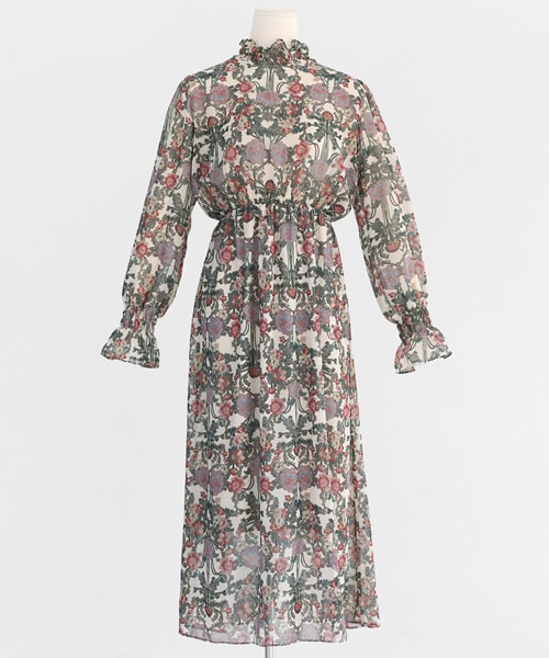 DHOLIC（ディーホリック）の「フリルネック花柄シフォンワンピース（ワンピース・レディース・グリーン/ブラック/ホワイト・FREE）」の2枚目の写真