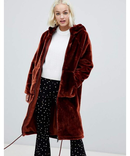 Monki,Monki faux fur zip hooded coat in brown - WEAR