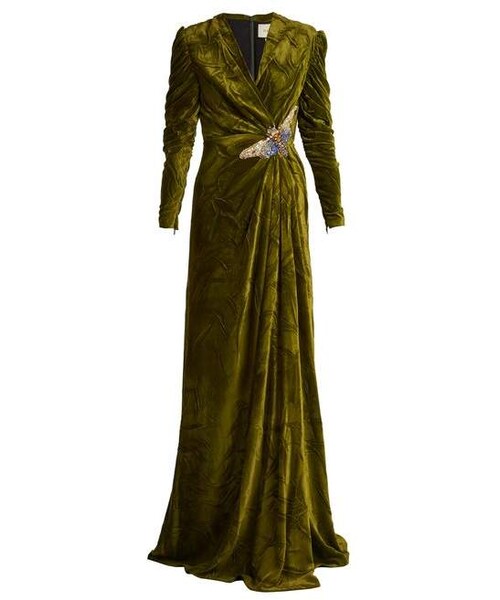Gucci,Gucci - V Neck Embellished Velvet Gown - Womens Green WEAR