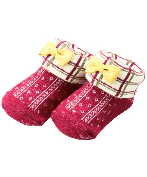 BRANSHES(ブランシェス)の「チェック柄ベビー足型カップソックス(ソックス/靴下・キッズ・オフホワイト/エンジ・9cm~13cm)」の2枚目の写真