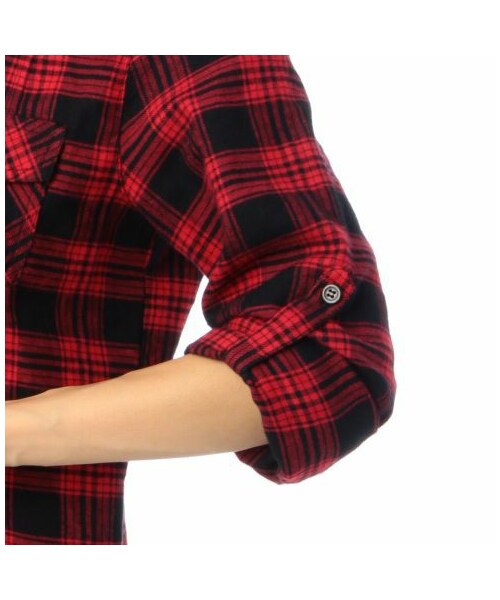 OZOC(オゾック)の「チェック柄ロールアップ袖ネルシャツ(シャツ・ブラウス・レディース・ブルー系/レッド系/ブラック・M/S)」の7枚目の写真