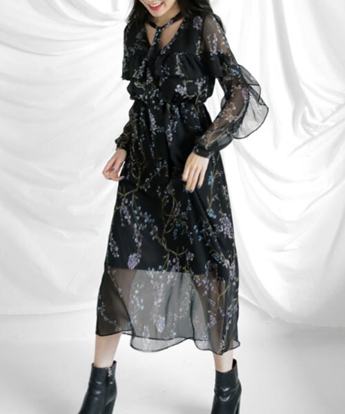 Dholic ディーホリック の ラッフル花柄シフォンワンピース ワンピース Wear Dholic ディーホリック の ラッフル花柄シフォンワンピース ワンピース Wear