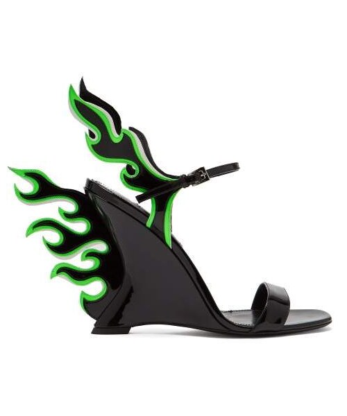 Prada,Prada - Flame Patent Leather Sandals - Womens - Black Green - WEAR