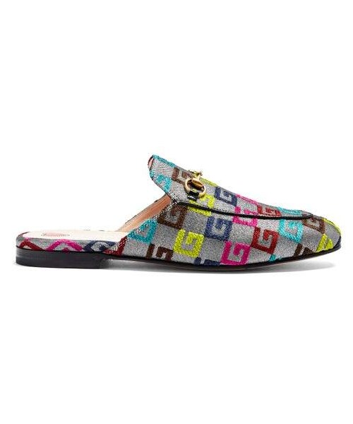 GUCCI（グッチ）の「Gucci Princetown Logo Jacquard Backless Loafers Womens