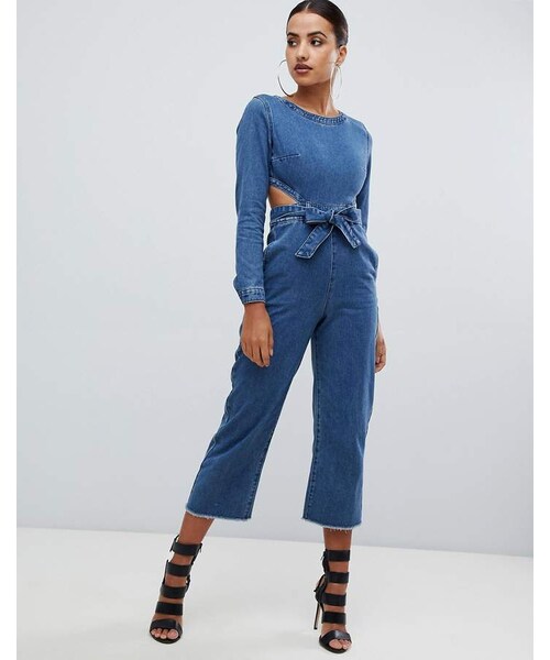 missguided cut out denim jumpsuit in blue