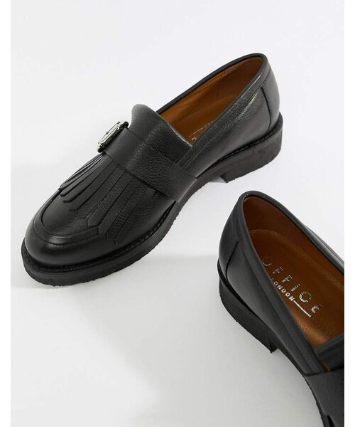 office fisher chunky black leather fringed buckle loafers