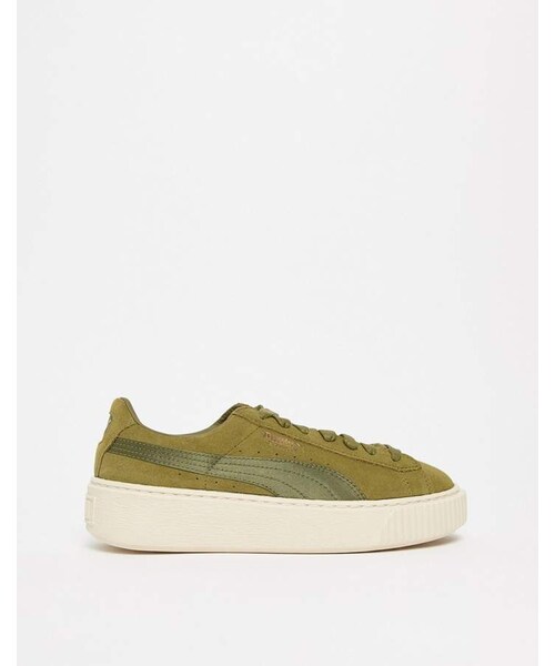 PUMA（プーマ）の「Puma Suede Platform Satin Sneaker in olive（その他シューズ・レディース・Green・Us 8/Us 5/Us 6.5/Us 7/Us 6/Us 9/Us 10.5/Us 9.5/Us 8.5/Us 7.5/Us 10）」の3枚目の写真