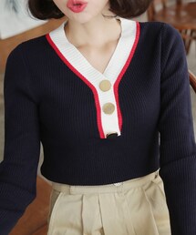 DHOLIC | ゴールドボタンVネック配色ニット(ニット/セーター)