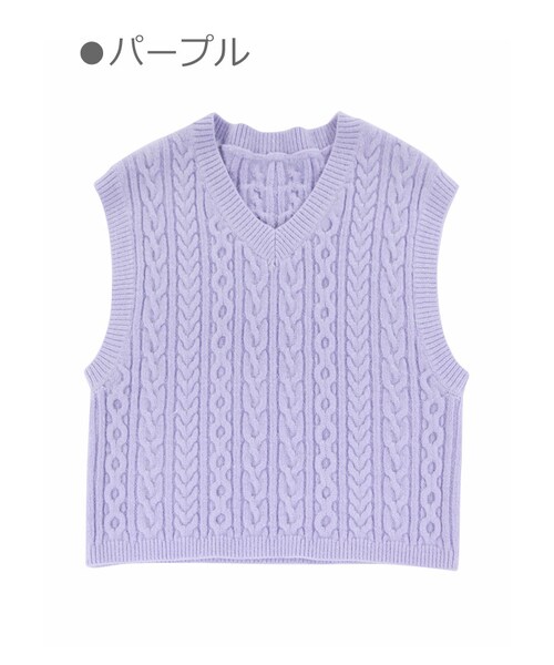 Bobon21（ボボンニジュウイチ）の「ラメ入りVネックケーブルニットベスト-全３色-（ニット/セーター・レディース・ブラウン/ベージュ/パープル・Free）」の3枚目の写真