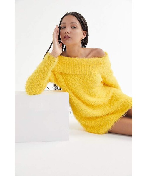 fuzzy off the shoulder sweater dress