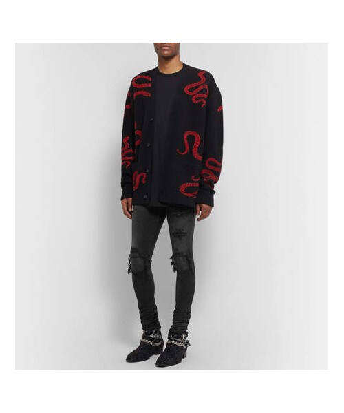 AMIRI（アミリ）の「AMIRI Mx1 Skinny-Fit Leather-Panelled Distressed Stretch-Denim Jeans（デニムパンツ・メンズ・Black・36/34/30/29/33/38/28/31/32）」の4枚目の写真