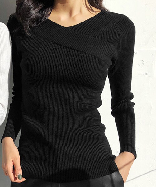 DHOLIC（ディーホリック）の「クロスVネックリブニット（ニット/セーター・レディース・オレンジ/ホワイト/ブラック・FREE）」の3枚目の写真