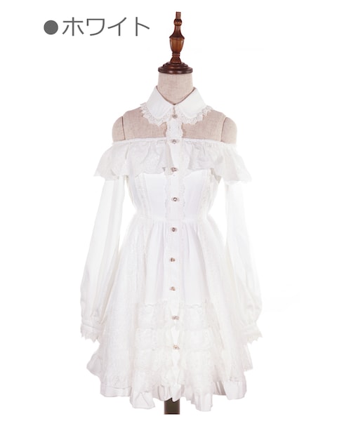 Bobon21（ボボンニジュウイチ）の「オフショル襟付きレースドレス-全２色-（ワンピース・レディース・レッド/ホワイト・S/M/L）」の2枚目の写真