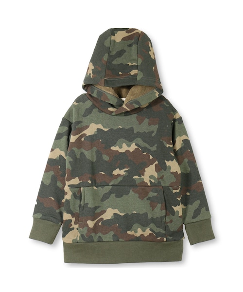 BRANSHES（ブランシェス）の「カモフラ柄フード付き裏毛トレーナー（パーカー・キッズ・オレンジ/カーキグリーン・80cm～150cm）」の2枚目の写真