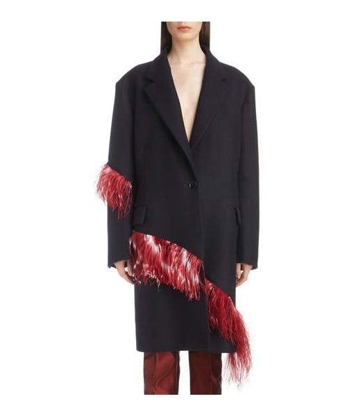 DRIES VAN NOTEN(ドリスヴァンノッテン)の「Dries Van Noten Ostrich Feather Trim Wool Blend Reefer Coat(ジャケット/アウター・レディース・Blue・4 Us / 36 Fr/6 Us / 38 Fr/8 Us / 40 Fr/2 Us / 34 Fr/10 Us / 42 Fr/12 Us / 44 Fr)」の1枚目の写真