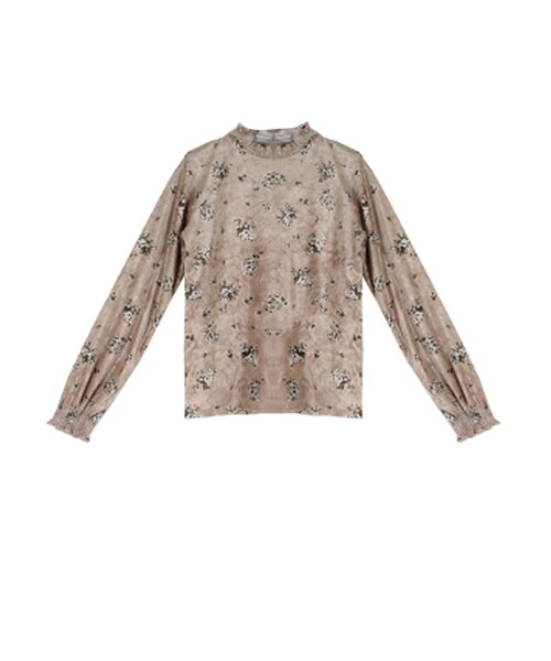 STYLEBLOCK（スタイルブロック）の「ベロア花柄シャーリングネックトップス（Tシャツ/カットソー・レディース・ベージュ/キャメル/カーキ/ブラック・M）」の2枚目の写真