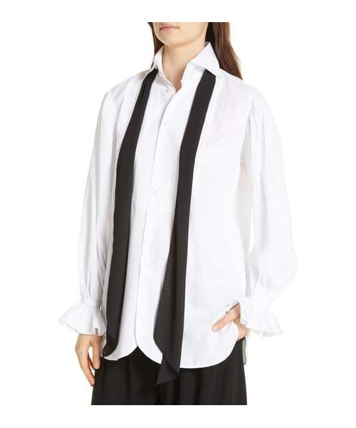 ラルフ・ローレン Lauren Ralph Lauren Cotton-Blend Tie-Neck Blouse レディース シャツ トップス Wh POLO RALPH LAUREN（ポロ ラルフ ローレン）の「Polo Ralph