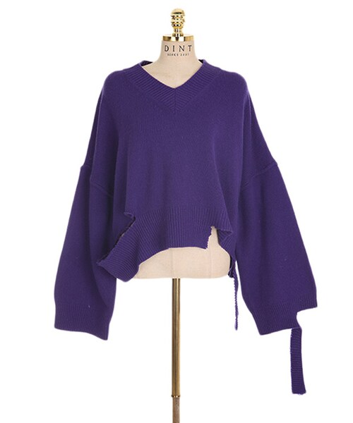 DINT（ディント）の「ナチュラルカッティングニットトップス（ニット/セーター・レディース・퍼플/그린/레드/그레이・one(44~66size)）」の4枚目の写真