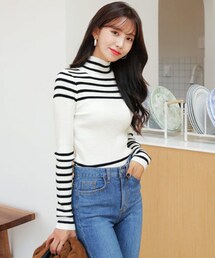 DHOLIC | ボーダーハイネックリブ二ット(ニット/セーター)