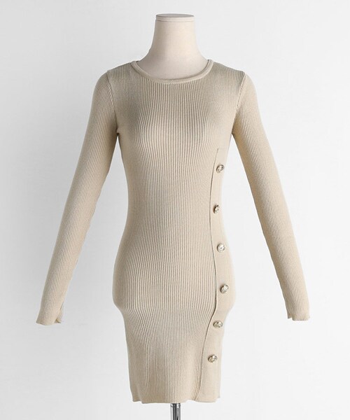 DHOLIC（ディーホリック）の「ゴールドボタンスリムニットワンピース（ワンピース・レディース・ブラック/ベージュ・FREE）」の2枚目の写真
