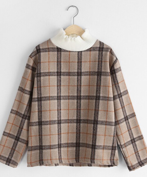 DHOLIC（ディーホリック）の「リブハイネックチェックブラウス（シャツ/ブラウス・レディース・ブルー/ブラウン/ベージュ・FREE）」の2枚目の写真