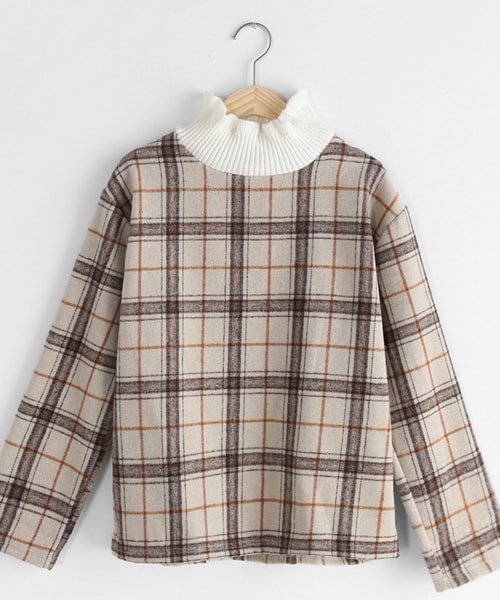 DHOLIC（ディーホリック）の「リブハイネックチェックブラウス（シャツ/ブラウス・レディース・ブルー/ブラウン/ベージュ・FREE）」の3枚目の写真