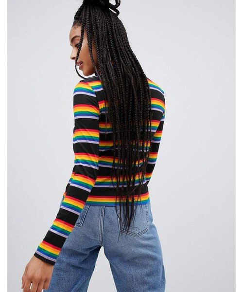 MONKI（モンキ）の「Monki high neck ribbed top in multi stripe（トップス・レディース・Multi・M/S/Us 0/XS/L）」の3枚目の写真