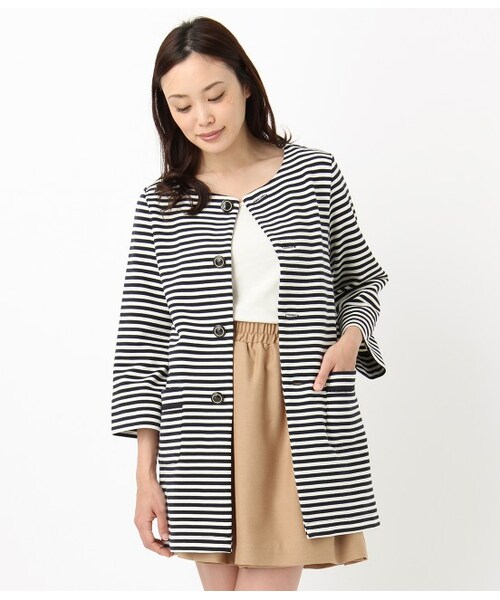 ROPE' PICNIC（ロペピクニック）の「【先行受注】リップルボーダー&無地配色ボタンノーカラーコート（コート・レディース・ネイビー/ネイビー系/ベージュ・38）」の2枚目の写真