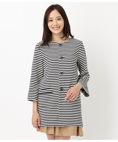 ROPE' PICNIC（ロペピクニック）の「【先行受注】リップルボーダー&無地配色ボタンノーカラーコート（コート・レディース・ネイビー/ネイビー系/ベージュ・38）」の12枚目の写真