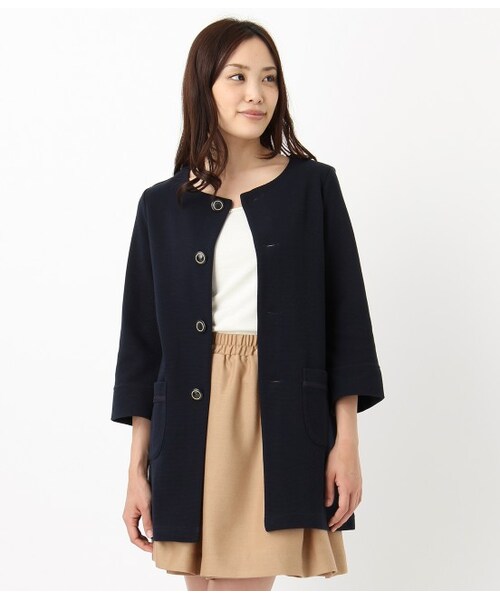 ROPE' PICNIC（ロペピクニック）の「【先行受注】リップルボーダー&無地配色ボタンノーカラーコート（コート・レディース・ネイビー/ネイビー系/ベージュ・38）」の3枚目の写真