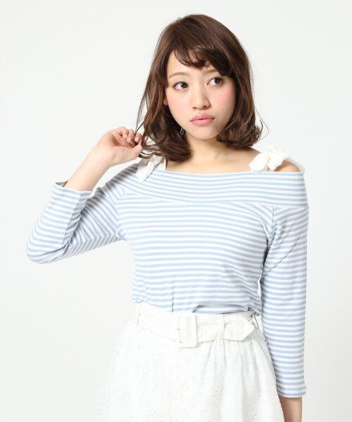 Heather（ヘザー）の「★先行予約★オフショルボーダートップス7分袖（トップス・レディース・ネイビー×ホワイト/グレー×ホワイト・Ｆ）」の2枚目の写真