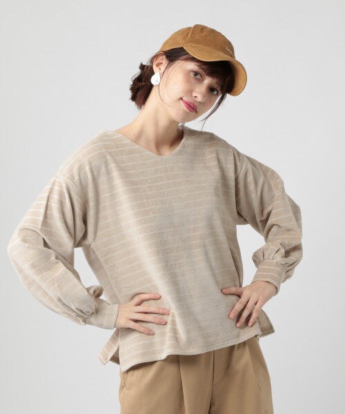 studio CLIP(スタディオクリップ)の「カットコールボーダーVネックプルオーバー(トップス・アイボリー×ホワイト/グレー/ボルドー/ブラウン)」の1枚目の写真