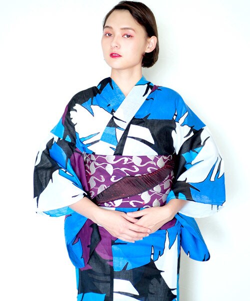 --(--)の「女性浴衣 レディース浴衣 浴衣 単品 浴衣単品 仕立て上がり レディース 女性用 フリー 白 紫 ブルー ヤシの木 パープル 個性派 変わり織 お洒落(浴衣・レディース・ブルー・F)」の1枚目の写真