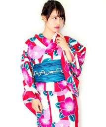 -- | 女性浴衣　レディース浴衣　浴衣　単品　浴衣単品　仕立て上がり　綿麻　レディース　女性用　フリー　大柄　ピンク　赤　椿　ツバキ　ストライプ　変わり織(浴衣)