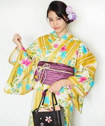 -- | 女性浴衣　レディース浴衣　浴衣　単品　浴衣単品　仕立て上がり　レディース　女性用　フリー　花　花柄　マスタード　カーキ　黄色　変わり織　お洒落(浴衣)