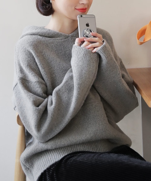 DHOLIC（ディーホリック）の「ポケットフードニット&スリットスカートSET（ニット/セーター・レディース・ブラック/ベージュ/グレー・FREE）」の2枚目の写真