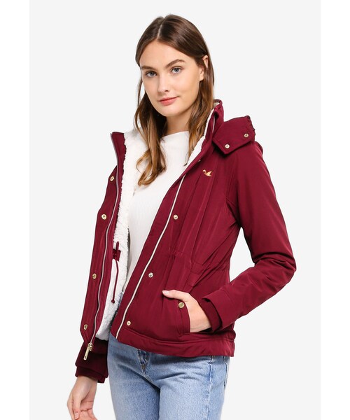 Hollister Women's All Weather Hooded Jacket Burgundy/Maroon/Red