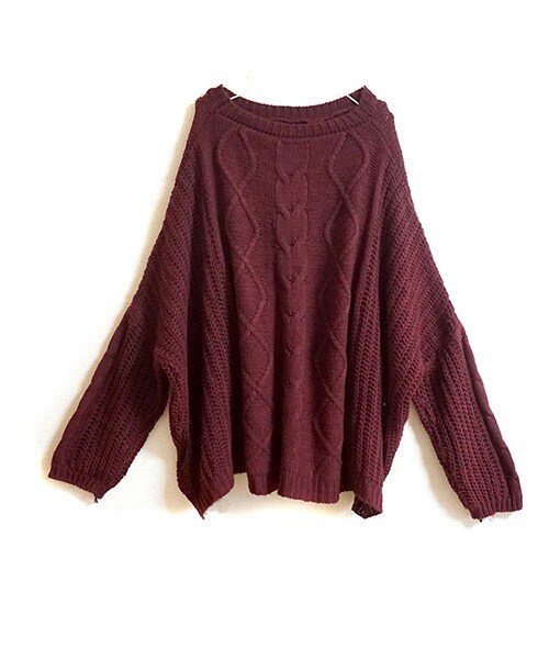 Tiffee SELECT（ティフィーセレクト）の「アラン×ケーブルニットドルマンチュニックセーター（ニット/セーター・レディース・ワインレッド・F）」の3枚目の写真