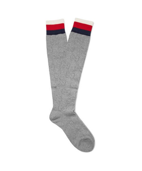 GUCCI(グッチ)の「Gucci Striped Logo-Jacquard Cotton-Blend Socks(ソックス/靴下・メンズ・Gray・M/L)」の1枚目の写真