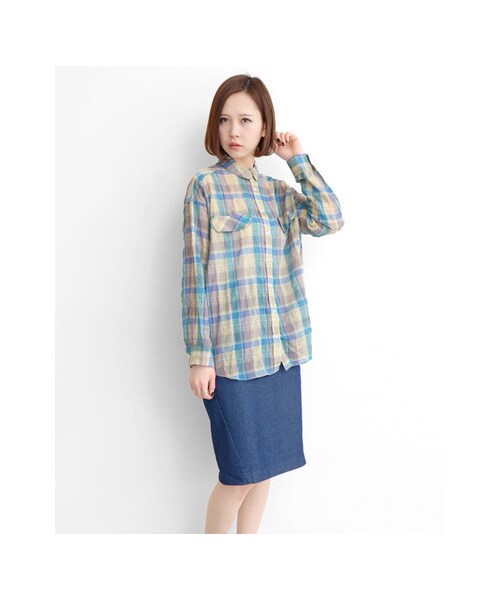 KBF（ケイビーエフ）の「チェックワイドブラウス（トップス・レディース・ネイビー/オレンジ/サックスブルー・one）」の6枚目の写真
