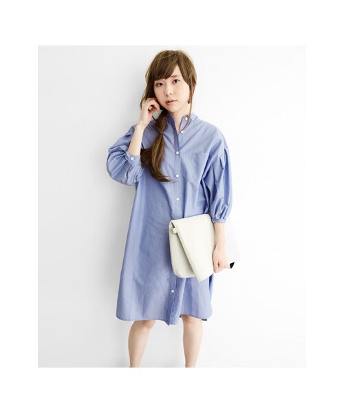 KBF（ケイビーエフ）の「KBF+ 袖ボリュームタックシャツワンピース（ワンピース/ドレス・レディース・ネイビーストライプ/ブルーストライプ/ホワイト・one）」の12枚目の写真