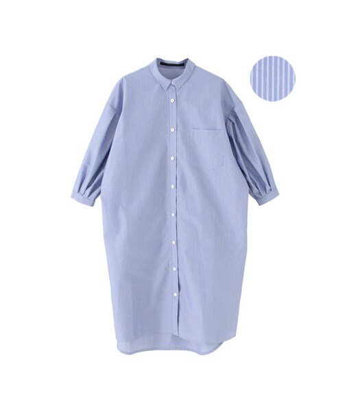 KBF（ケイビーエフ）の「KBF+ 袖ボリュームタックシャツワンピース（ワンピース/ドレス・レディース・ネイビーストライプ/ブルーストライプ/ホワイト・one）」の3枚目の写真