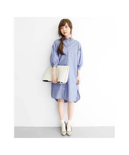 KBF（ケイビーエフ）の「KBF+ 袖ボリュームタックシャツワンピース（ワンピース/ドレス・レディース・ネイビーストライプ/ブルーストライプ/ホワイト・one）」の11枚目の写真