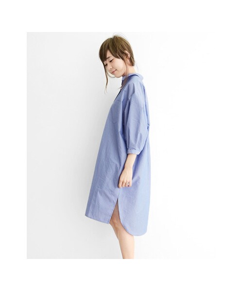 KBF（ケイビーエフ）の「KBF+ 袖ボリュームタックシャツワンピース（ワンピース/ドレス・レディース・ネイビーストライプ/ブルーストライプ/ホワイト・one）」の15枚目の写真