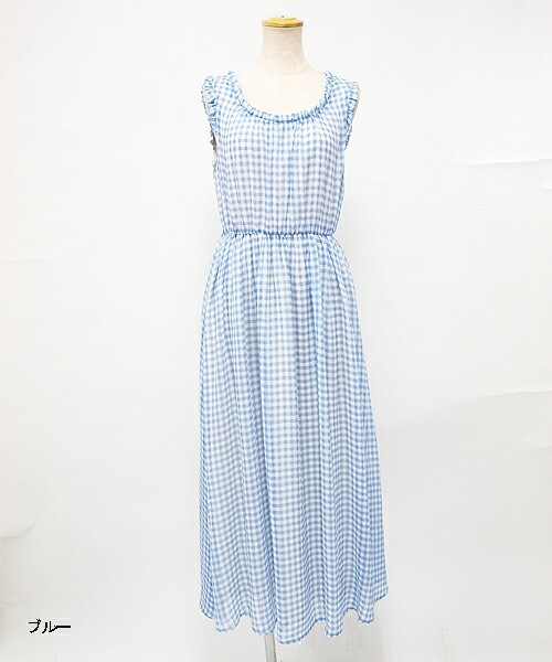 Clice de Paris（クリシェドゥパリス）の「ギンガムチェックマキシワンピース（ワンピース/ドレス・レディース・グレー/ネイビー/ブルー・ワンサイズ）」の2枚目の写真