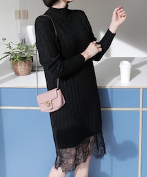 DHOLIC | レースヘムハイネックニットワンピース(ワンピース)