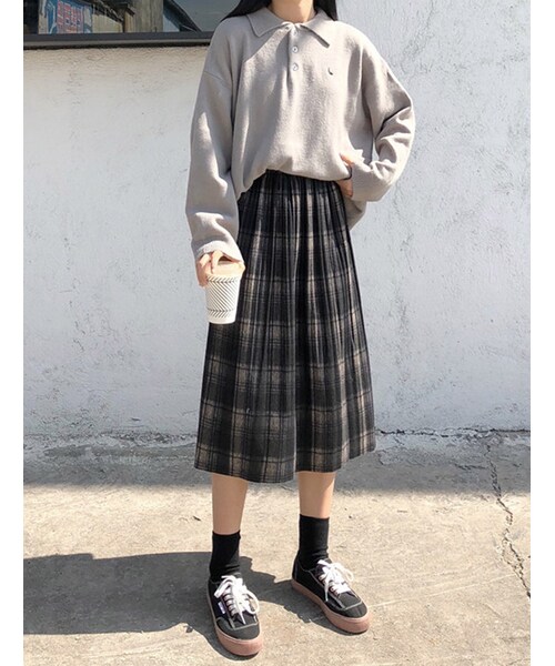 bodurine（ボドゥリネ）の「チェックフレアスカート*全3色*（スカート・レディース・그레이/블루/옐로우・one size）」の2枚目の写真